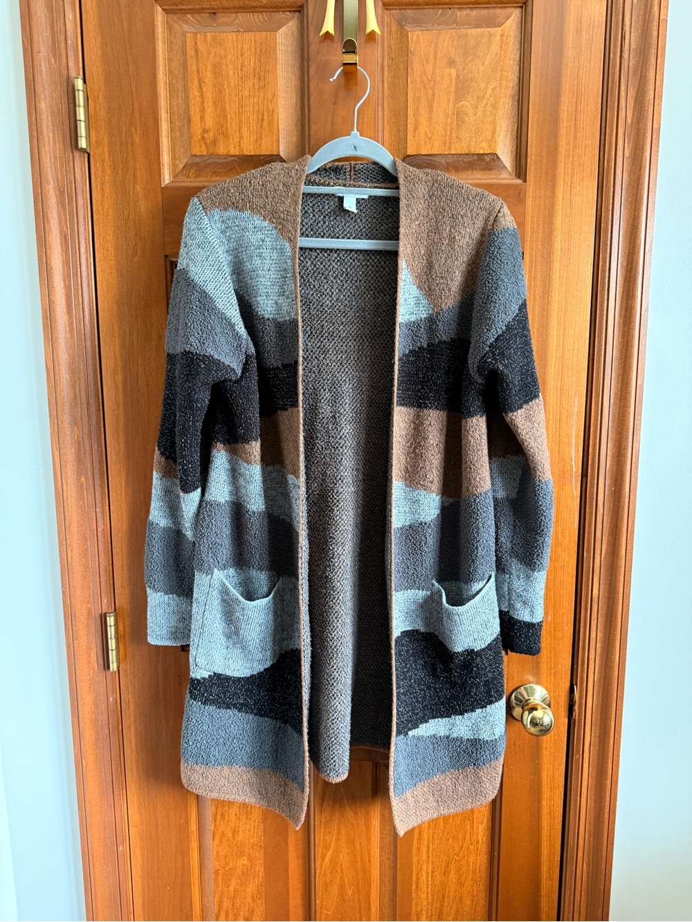 Nine West Brown, Gray & Black Striped Long Open-Front Cardigan
